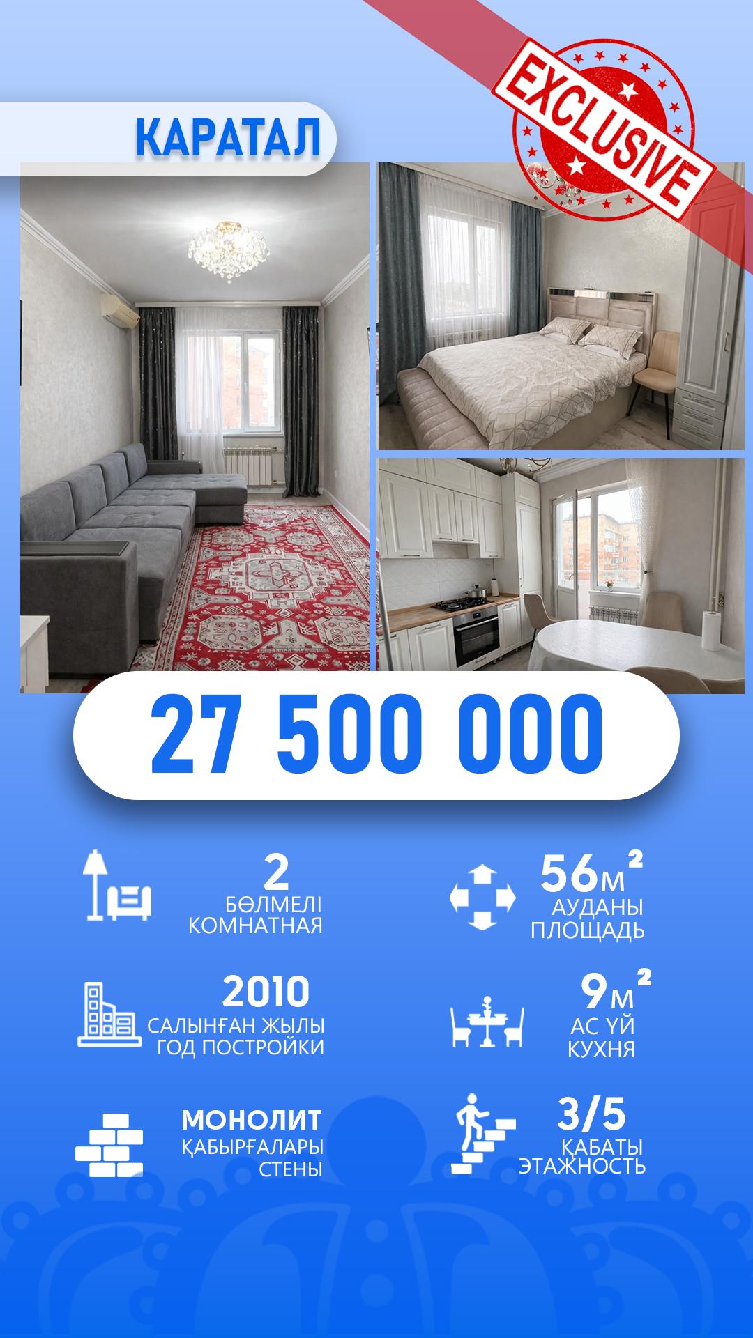 2-комнантная квартира, 55.0 м²,Каратальская за 26 800 000