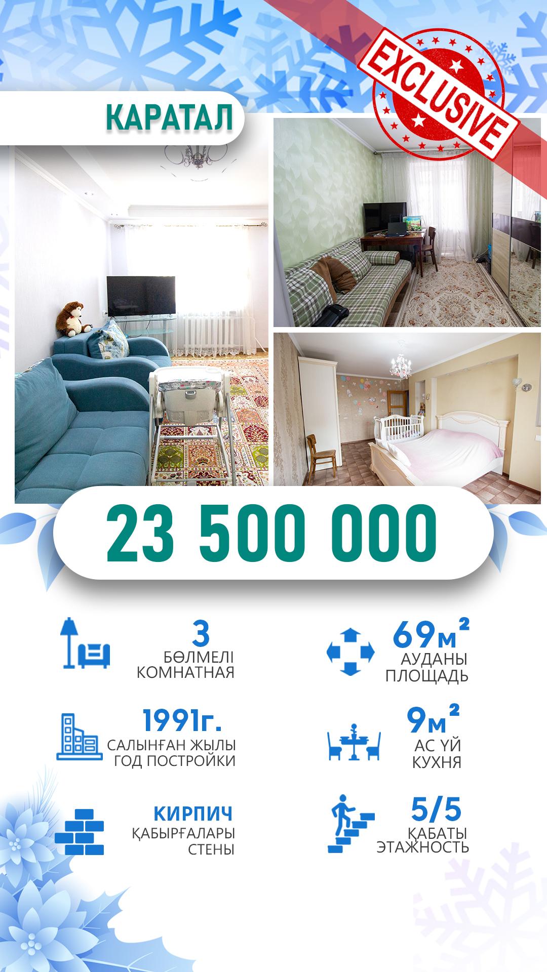 3-комнантная квартира, 69.3 м²,Гарышкер за 21 000 000