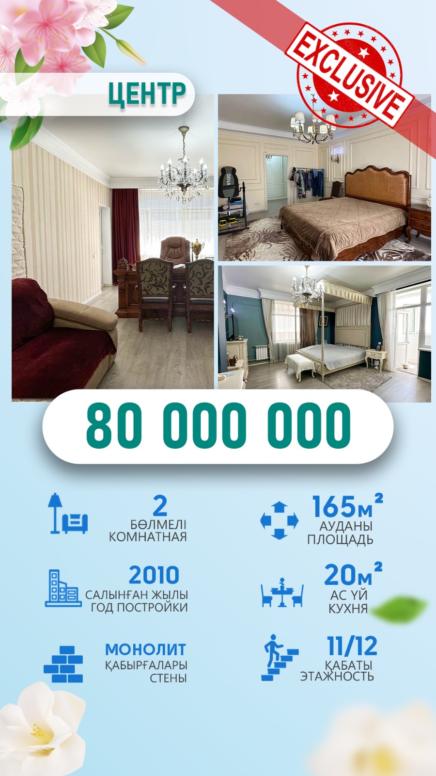 5-комнантная квартира, 165.0 м²,Назарбаева за 80 000 000