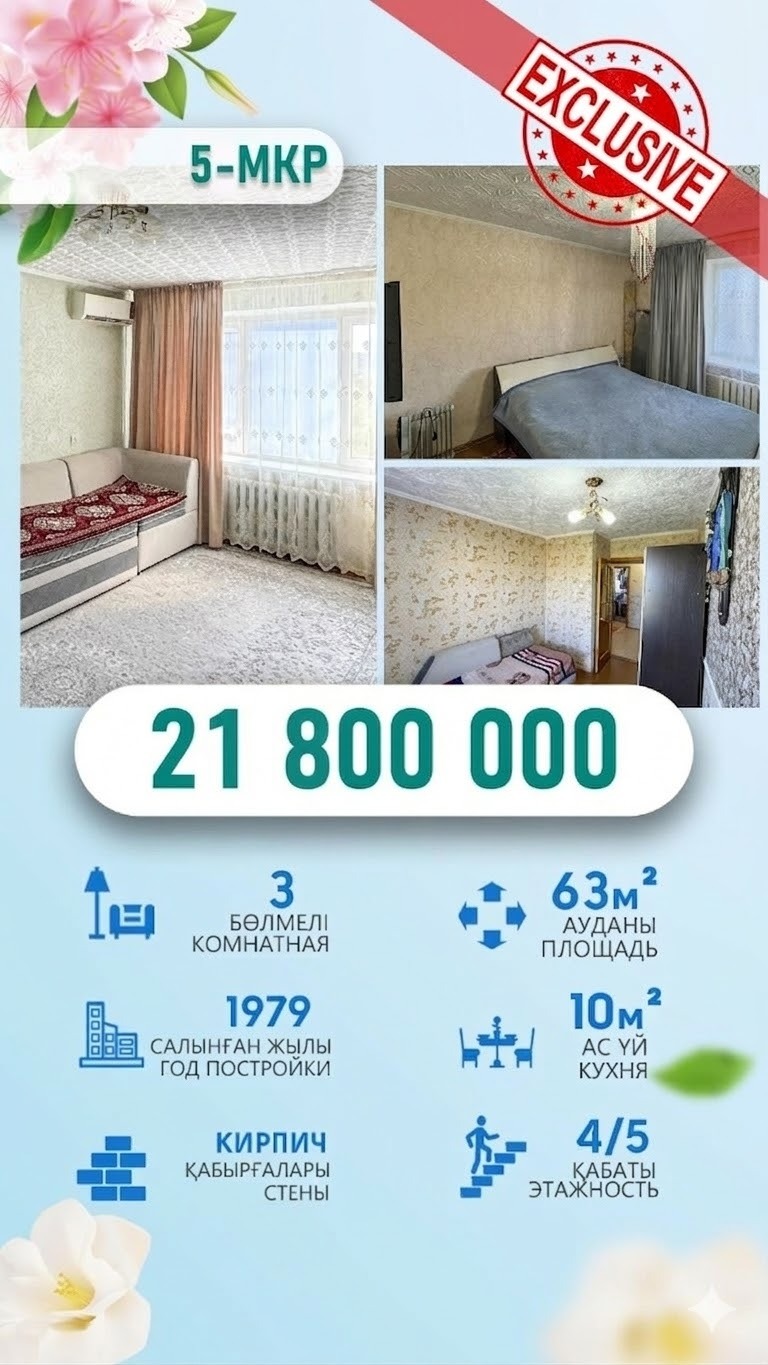 3-комнантная квартира, 65.0 м²,5 мкр за 21 800 000